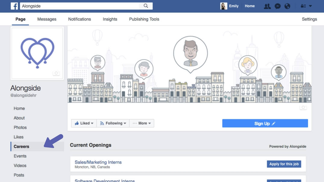 Facebook Company page showing Careers Tab