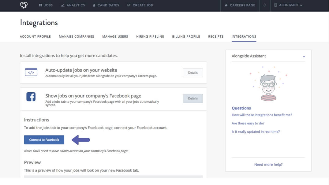 Arrow showing where to click to integrate with Facebook